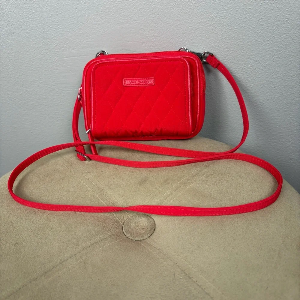 Vera Bradley On The Square Wristlet Crossbody Red Microfiber Quilted Purse EUC